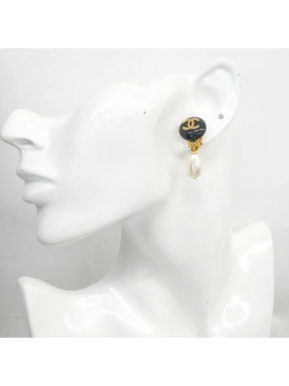 Chanel Earrings Vintage CC Logo Gold Plated Faux Pearl Black